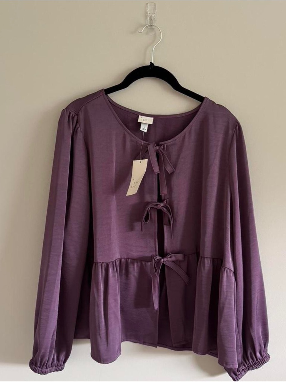 Mauve Tie-Front Peplum Long Sleeve Blouse